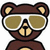 Brown bear with light brown inner ears and nose wears white-framed sunglasses; two identical static views show the full body against a white background.
