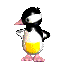 Pixelated penguin avatar with black head, white face, yellow belly, pink beak and feet, standing with hands on hips against gray background.