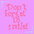Pink background with repeated 'Don't forget to smile!' text in red, surrounded by light blue stars and dotted lines.