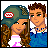 Pixelated cartoon-style image of two characters with text overlays on a gray radial background.