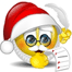 A contact sheet of 19 animated frames showing a Santa-hatted emoji with blue eyes, yellow face, and mustache holding a white list with red text.