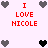 Pixelated icon with red text 'I LOVE NICOLE' and heart symbols in gray, black, and dark gray on light pink background.