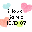 Pixelated image with black text reading 'i love jared 12.13.07' surrounded by four pastel hearts in light blue, pink, peach, and lime green on a white background.