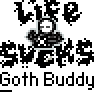 A static contact sheet of a pixel art buddy icon featuring repeated text and a cartoon character on gray background, with red website text in top-right corner.