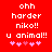 Red background with white pixelated text reading 'ohh harder niko!! u animal!!' and five pink heart symbols below, displayed in two identical side-by-side