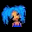 Animated avatar with blue hair and purple top on black background, surrounded by light blue letters forming 'FROZEN' against gray backdrop.