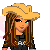 Pixel art contact sheet showing three frames of a cartoon character with long brown hair, yellow cowboy hat, and red text reading "save ride a horse cowboy!" on white background.