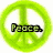 Green peace symbol with 'Peace.' text, pink heart with 'Love.' text, and black musical notes with 'Music.' text on white background.