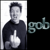 monochrome images showing a person in various poses with repeated 'gob' text, including middle finger gestures and hand movements