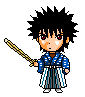 Pixel art character with spiky black hair, red eyes, and a blue-and-white striped robe holding a golden sword that changes to a wooden staff with smoke.