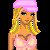 Pixel art of a blonde woman in pink attire with multiple views and text elements on black background.