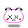 Pixelated cartoon head with pink outline, black antennae, X eyes, red cheek marks, and a downturned mouth on gray background.