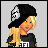 Pixel art avatar of a blonde woman in punk attire with black and white clothing, blue eyes, and text reading 'punk rock chick!' on gray background.
