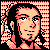 Pixelated static icon of a person with light skin tone, dark hair, and red accents in the background pattern.