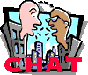A static image with three top showing chat-related graphics and six mouse cursor icons below, each labeled 'click here' in blue text