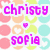 Pixelated buddy icon with pink text 'christy' and 'sopia', a purple heart, and pastel circles on left; green text 'best friends forever' on blue background right.