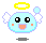 Four pixelated angel icons with light blue bodies, yellow halos, white wings, and orange cheeks arranged in a on gray background