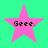 Four pink star-shaped icons with black text "Geee." on a green background, arranged in a