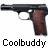 Pixelated static image of a handgun with brown grip and dark barrel, positioned horizontally above pixelated text reading "Coolbuddy" on white background.