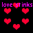 Pixelated red hearts float against a black background with repeating purple text 'love stinks' at top and bottom.