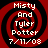 Four identical red and black spiral-patterned icons with white text reading 'Misty And Tyler Potter 7/11/08' arranged in a