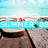 Pixelated beach scene with wooden pier, turquoise water, and 'SUMMER' text overlay; pink sunglasses on fabric with heart outline; brown chair legs with 'CAN'T' text.