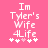 Pixelated text on pink background reads "Im Tyler's Wife 4Life" with five symbols below, two of which are heart-shaped.