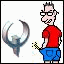 Pixelated cartoon character in red shirt and blue shorts holds yellow tool, interacting with large metallic crescent object emitting sparks and yellow liquid.