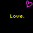 A static pixel art image with a black background, featuring a pink heart symbol above two yellow 'Love.' texts.