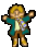 Pixelated character with blonde hair in four poses: arms raised, walking, back view, and side view, wearing teal jacket, white shirt, brown pants, and brown shoes.