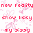 Pixelated image with red text reading 'new reality show lissy my sissy' over pink floral and heart shapes on white background.