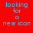 Four display the phrase "looking for a new icon" in cyan pixelated text against red, dark red, black, and dark red backgrounds