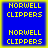 Blue square with yellow border displaying 'NORWELL CLIPPERS' text in pixelated yellow font, arranged in two stacked pairs.