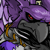 Pixelated static image of a dark figure with purple hair and red eyes against a purple background, featuring yellow accents on the body.
