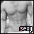 A grayscale image of a muscular male torso with the word 'SEXY' in red text at bottom left, transitioning to scattered pink hearts