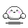 Pixelated white rounded character with pink cheeks, arms at sides, and gray shadow on light gray background.