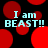 Black background with red circular shapes and repeated light blue text "I am BEAST!!" in four quadrants.