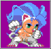 Pixelated character with blue hair, green eyes, and orange skin in fighting stance on purple background.