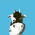 A cartoon cow head with black and white patches appears in multiple positions against a blue background, showing slight variations in expression and orientation.