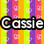 A colorful pixelated image with rainbow stripes, heart patterns, and bold text reading 'Cassie loves YOU!' featuring a cartoon character with a rainbow and thought bubble.