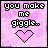 Animated icon with pink background displaying text 'you make me giggle...' and heart symbols alternating between pink and white, followed by 'well your face does.' with various yellow smiley faces.