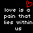 Red pixelated heart symbol above white text on black background, repeated twice in a