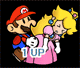Mario and Princess Peach in pixel art pose with '1 UP' text, transitioning from holding a mushroom to a pink object against black background.