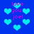 Blue background with cyan hearts and pink text reading 'love you joel' in pixelated style.