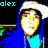 Two side-by-side pixelated images of a person wearing a white cap and blue hoodie with cyan inner layer, each labeled 'alex' in different colors.