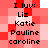 Pixelated red and white checkered background with black text listing names and 'I luv:' in two vertical