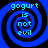 Four identical blue spiral patterns with black outlines and cyan text reading "gogurt is not evil" arranged in a on a black background