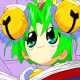 Pixelated character with green hair and yellow bells on blue headband, holding open book against purple background.