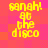 Yellow pixelated text 'sarah! at the disco' on a pink and orange gradient background with four identical arrangements