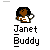 Pixelated character with brown skin and black hair in white shirt holding white object, text 'Janet Buddy' below.